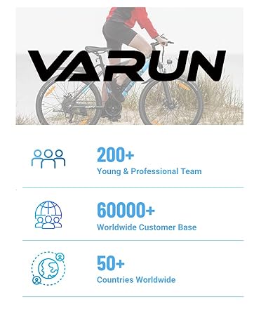 Text reads 'VARUN', '200+ Professional Team', '60000+ Worldwide Customer Base', '50+ Countries Worldwide'. Corporate infographic showing company statistics with blue icons.