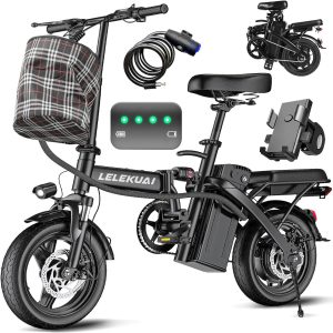 LELEKUAI Electric Bike for Adults and Teens, 520W-1200W Motor, 20-28MPH, 32 Miles Range, 48V 10Ah Battery, 3-Level Pedal Assist, 14" Foldable Mini Electric Bicycle, UL 2849 Certified